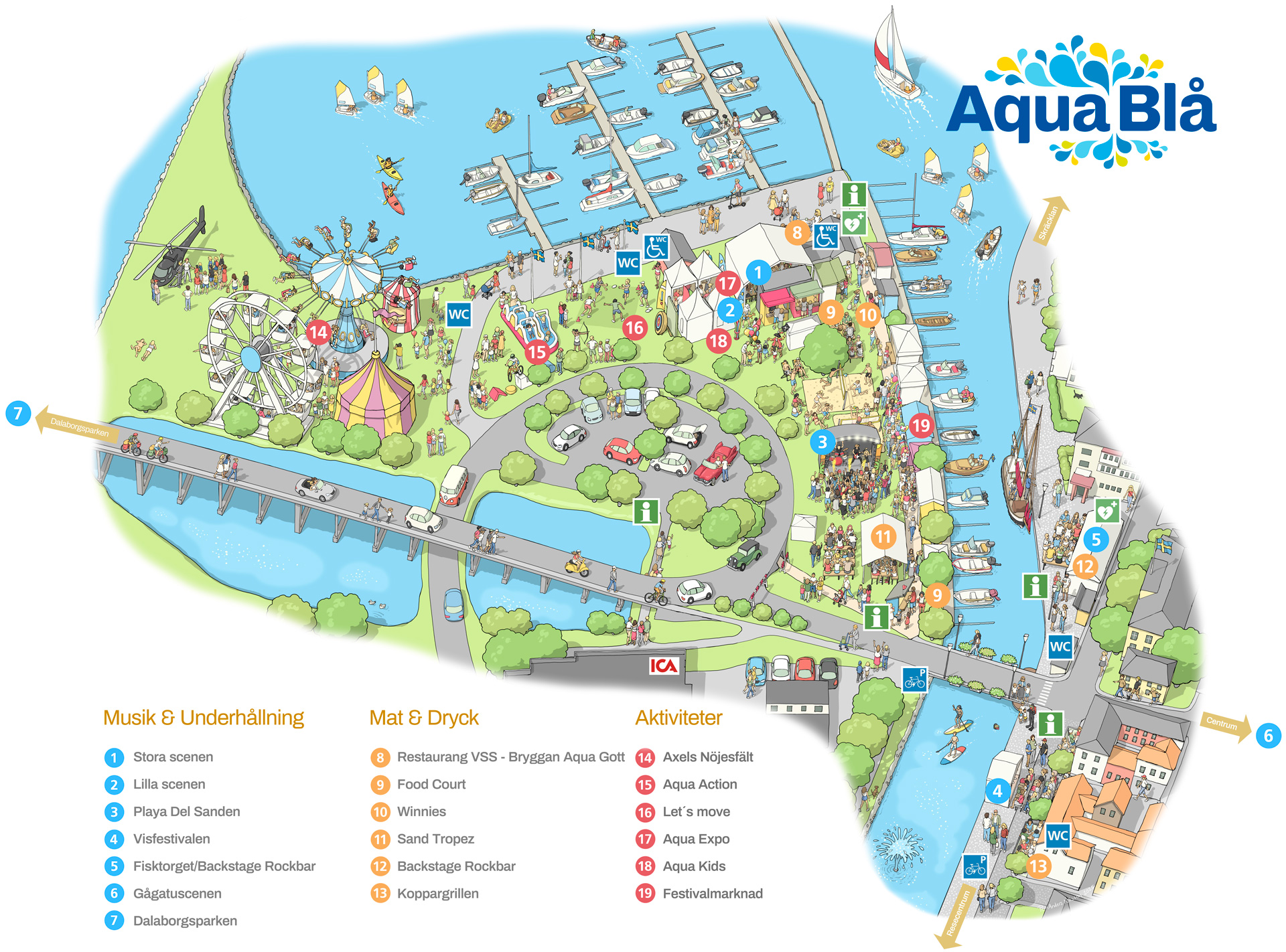 Karta över festivalområdet på Aqua Blå